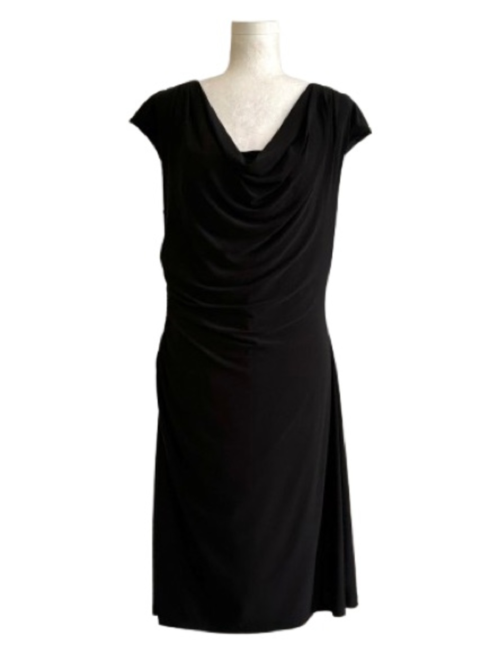 Ronni Nicole Dress Black Draped Cowl Neck Cap Sleeve Ruched Midi Size 14